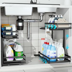 2 Pack Under Sink Organizers and Storage, Heavy Duty Metal Pull Out Cabinet Organizer with Ball-Bearing Slides, Height Adjustable L-Shaped Shelf for Kitchen & Bathroom (2-Pack)