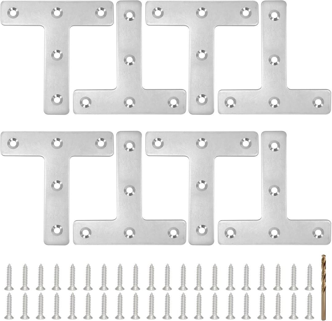 8PCS 3.23 x 3.23 T Post Corner Brace, Stainless Steel Flat Metal Bracket, Mending Plate for Wood with 40PCS Screws