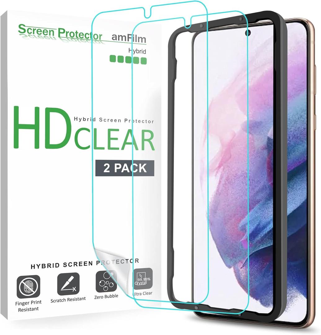 amFilm Screen Protector for Samsung Galaxy S21 Plus 5G 6.7 inch (2021), Fingerprint ID Compatible, HD Clear, Flex Film NOT Glass, Case Friendly with Easy Installation Tray (Pack of 2)