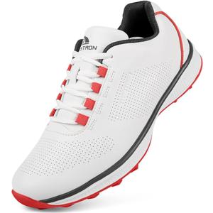 THESTRON Professional Men's Golf Shoes Lighweight Comfortable Spikeless Golf Sport Training Sneakers for Men (13, White Red)