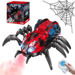 Remote Control Spider, Robot Spider Toy with 2.4 GHz Remote Controller, RC Spider Robot with Spray/Lights/Music, Realistic Spider Gift for Kids Boys, Halloween, Christmas, Holiday Toys for Party Prank (Red and Blue)