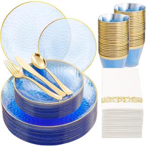 Rubtlamp 175 Pcs Plastic Dinnerware Set (25 Guests), Blue Disposable Plates With Gold Rim, Hammered Party Plates Set Include Dinner Platos, Dessert Platos, Cups, Cutlery And Napkins for Party