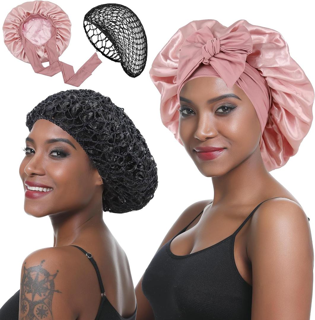 Wrap Cap Hair Net with Satin Bonnet for Silk Press Care-Double Layer Bonnet Adjustable Sleep Cap for Natural Curly Hair