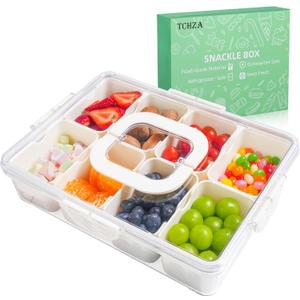Snackle Box Container, Dishwasher Safety - Divided Serving Tray with Lid and Handle, Charcuterie Board for Portable Snack Platters - Cream Organizer for Fruits Snacks - Perfect for Road Travel Party