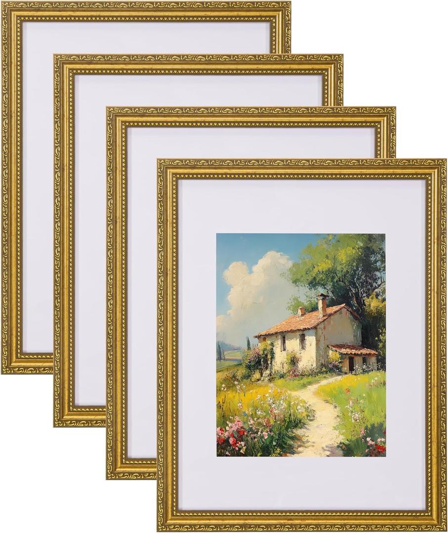 eletecpro 12x16 Picture Frames Set of 4, Vintage Frame with Glass Cover, Ornate Gold Photo Frames 12 by 16 Display 8.5x11 Photo with Mat or 12x16 without Mat for Home Wall Decor, Gold