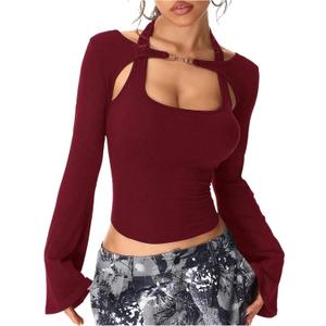 SOLY HUX Women's Long Sleeve Shirts Y2k Crop Tops Halter Neck Fitted T-Shirt Going Out Tees (Pure Burgundy)