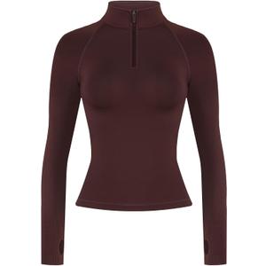 AUROLA Influence Workout Jacket for Women, Half Zip Cropped Slim Fit Long Sleeve Yoga Jackets Athletic Top with Thumb Holes (Small, Cinnamon)