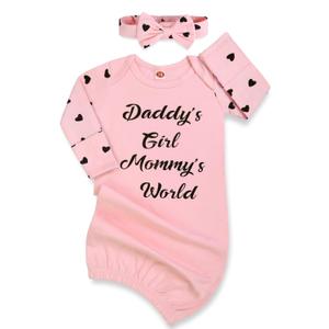 Newborn Baby Girl Nightgown, Long Sleeve Sleeper Gown with Mittens & Headband, Baby Girl Gifts Going Home Outfit with Open Bottom, Easy to Change Diapers 0-6 Months Pink Heart