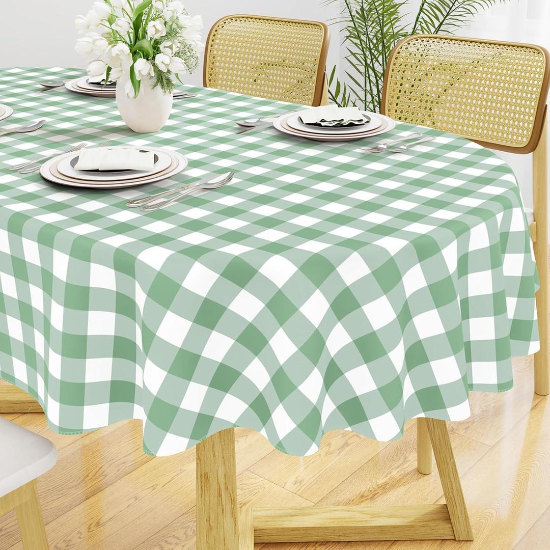 Smiry Oval Table Cloth, Waterproof Vinyl Tablecloths with Flannel Backing, Wipeable Buffalo Plaid Table Cover for Picnic, Indoor and Outdoor (Sage Green & White, 60"x84")