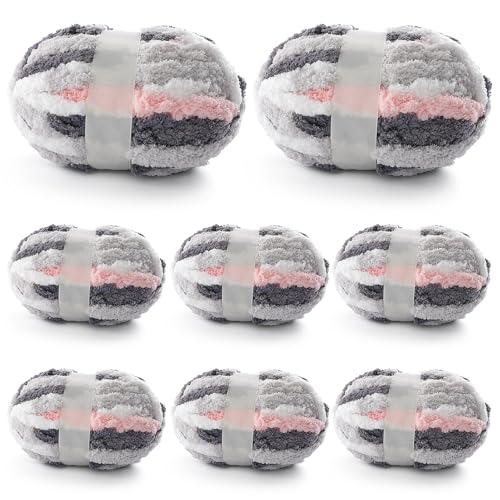 8 Pcs Chunky Yarn for Hand Knitting - Chunky Chenille Yarn for Crocheting - Fluffy Yarn for Crochet - Jumbo Yarn for Hand Knitting 200 yds 61.6 oz of Super Bulky Yarn (Dark Grey-Pink-White)