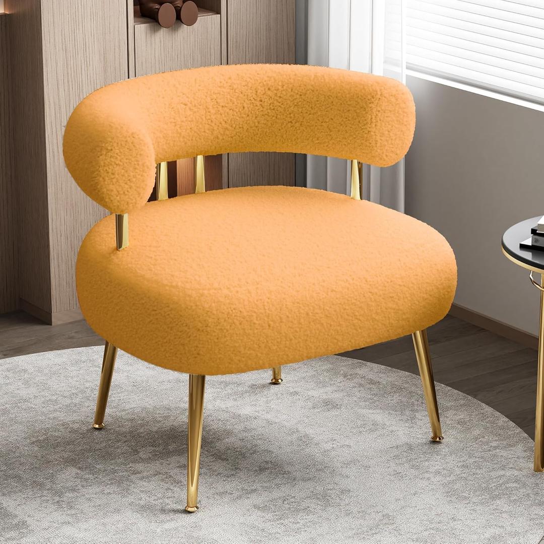 Mid Century Sherpa Boucle Accent Chair, Round Upholstered Barrel Arm Chair for Small Spaces, Fluffy Side Corner Sofa Chair for Living Room, Bedroom, Vanity, Office, Reading Nook(Yellow)