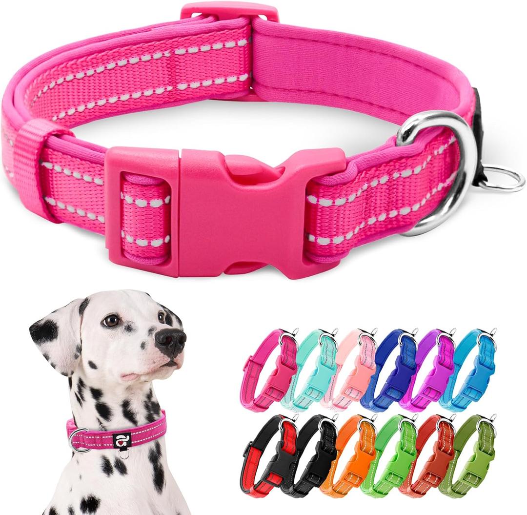 azuza Reflective Dog Collar, Soft Neoprene Padded Pet Collar with ID Tag Ring, Adjustable for Large Dogs, Hot Pink, Large