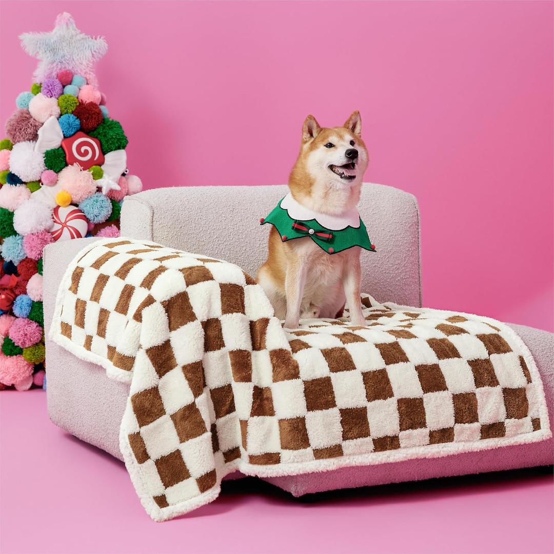 LE SURE Waterproof Dog Blanket for Large Dogs - Washable Double Sided Dog Blankets with Warm Jacquard Shag and Soft Sherpa Fleece, Pet Cat Blanket for Couch Protection, 3D Textured Checks, Brown