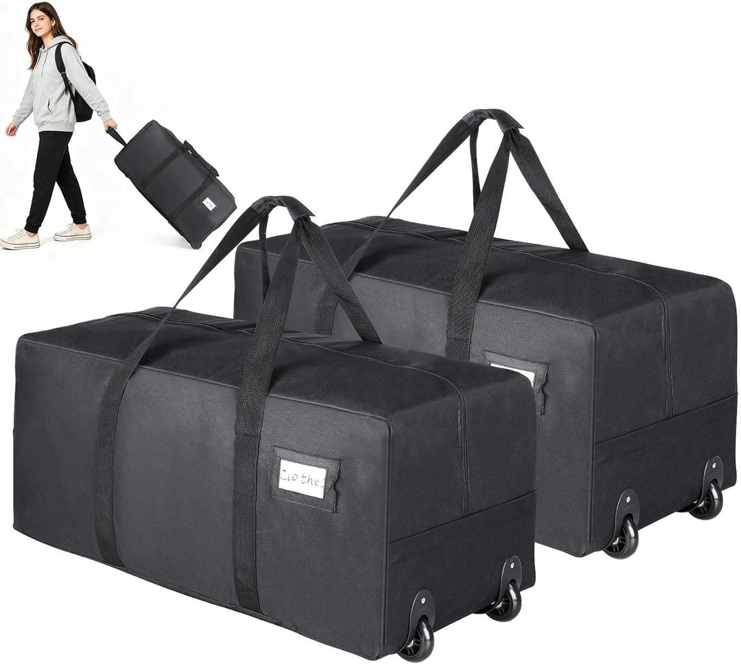 Heavy Duty Moving Bags with Wheels, 2-Pack 92L Foldable Rolling Duffle Bag | Extra Large Duffle Bag for Travel, Waterproof, Oxford, College Dorm Moving Bags, Packing Bags for Moving/Traveling/Camping