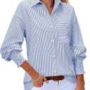 Womens Oversized Button Down Shirts Striped Smocked Cuff Long Sleeve Fall Blouses with Pocket Casual Collar Work Tops (Medium)