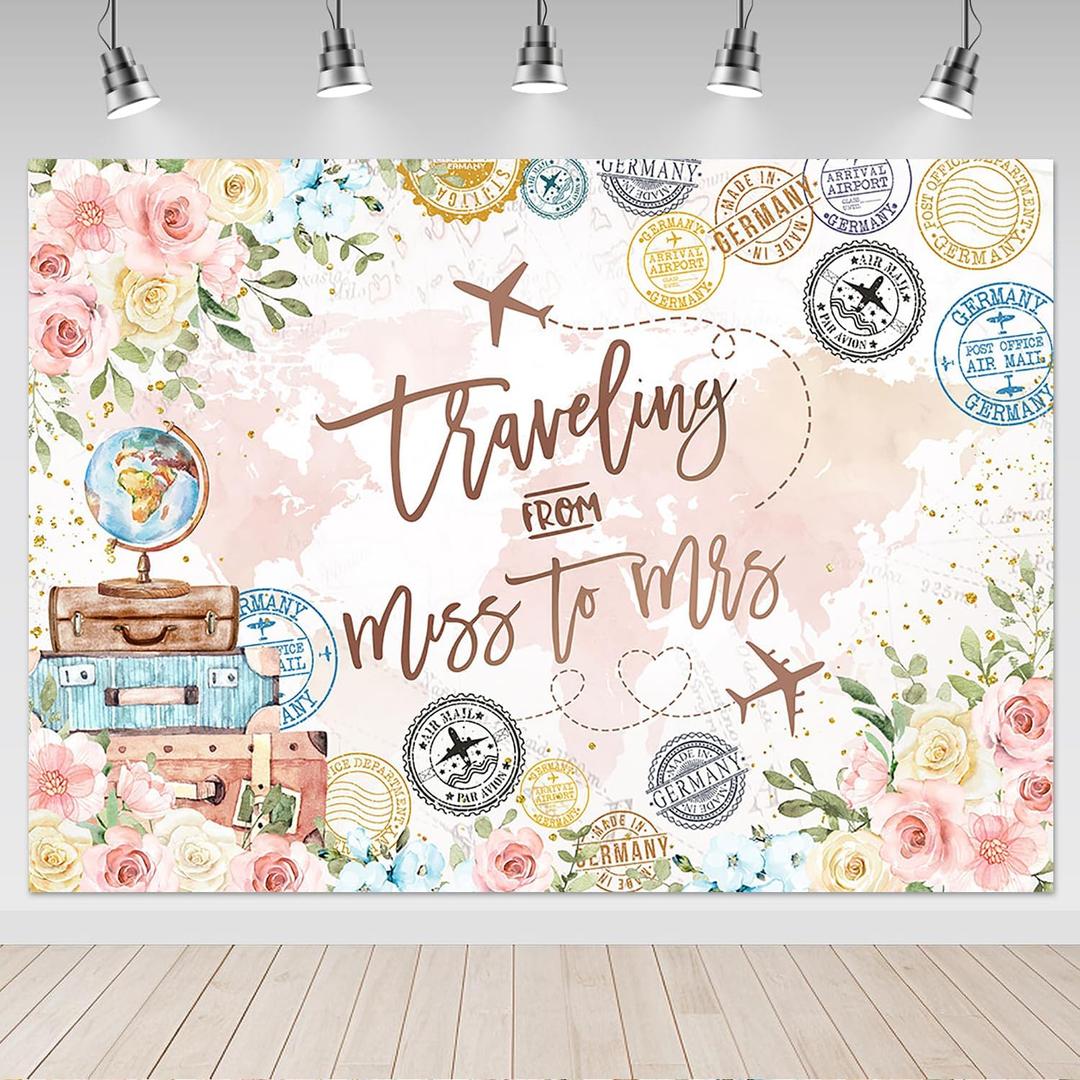 Mocsicka Miss to Mrs Backdrop 7x5ft Traveling from Miss to Mrs Bridal Shower Adventure Begins Pink Flowers World Map Photography Background Engagement Wedding Bridal Shower Party Banner