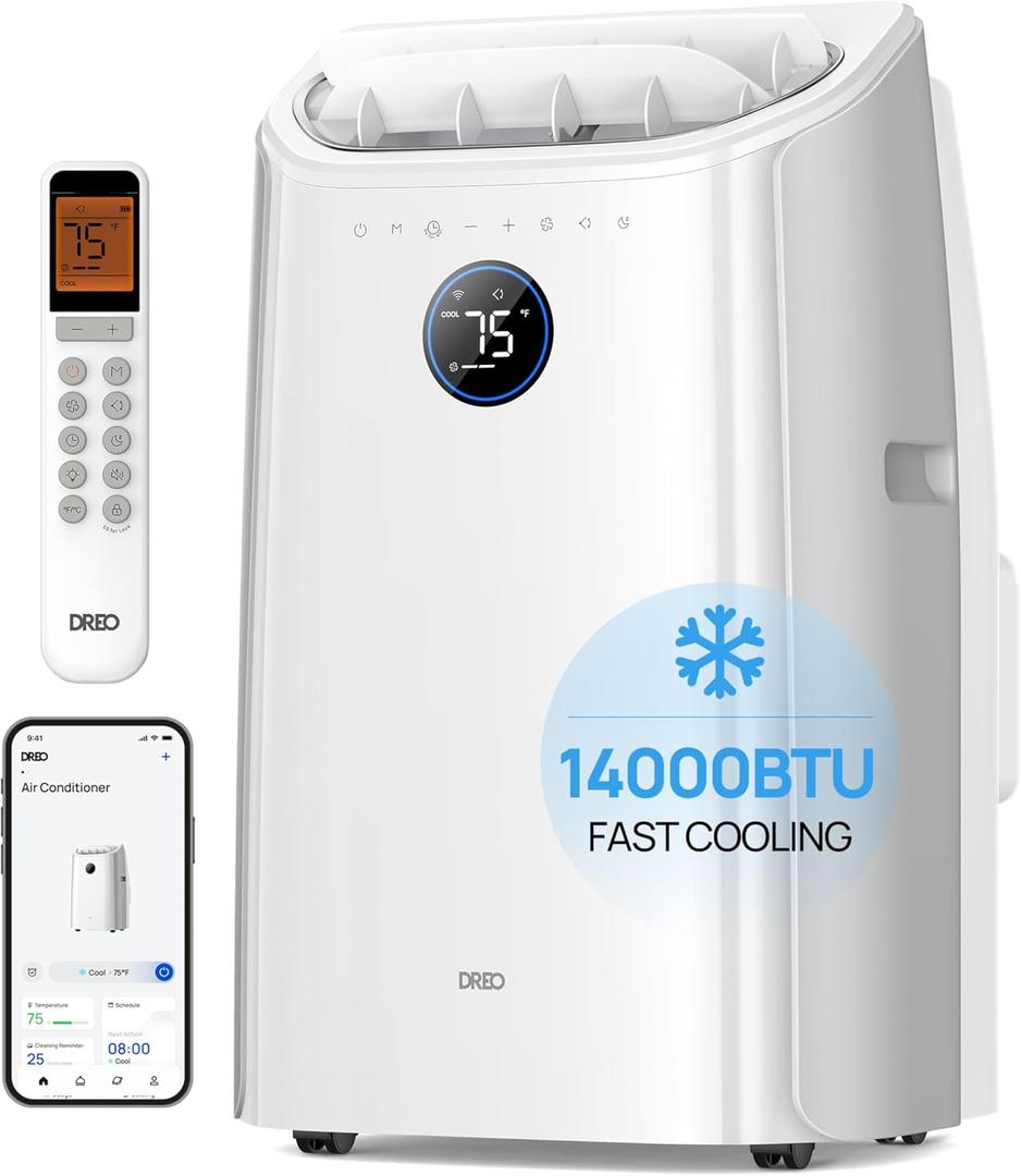 DREO Portable Air Conditioners, 14000 BTU ASHRAE (10,000 BTU DOE) Smart AC Unit for Room with Drainage-free Cooling, APP/Voice/Remote, Fan & Dehumidifier, Quiet Standing AC for Bedroom, AC516S New