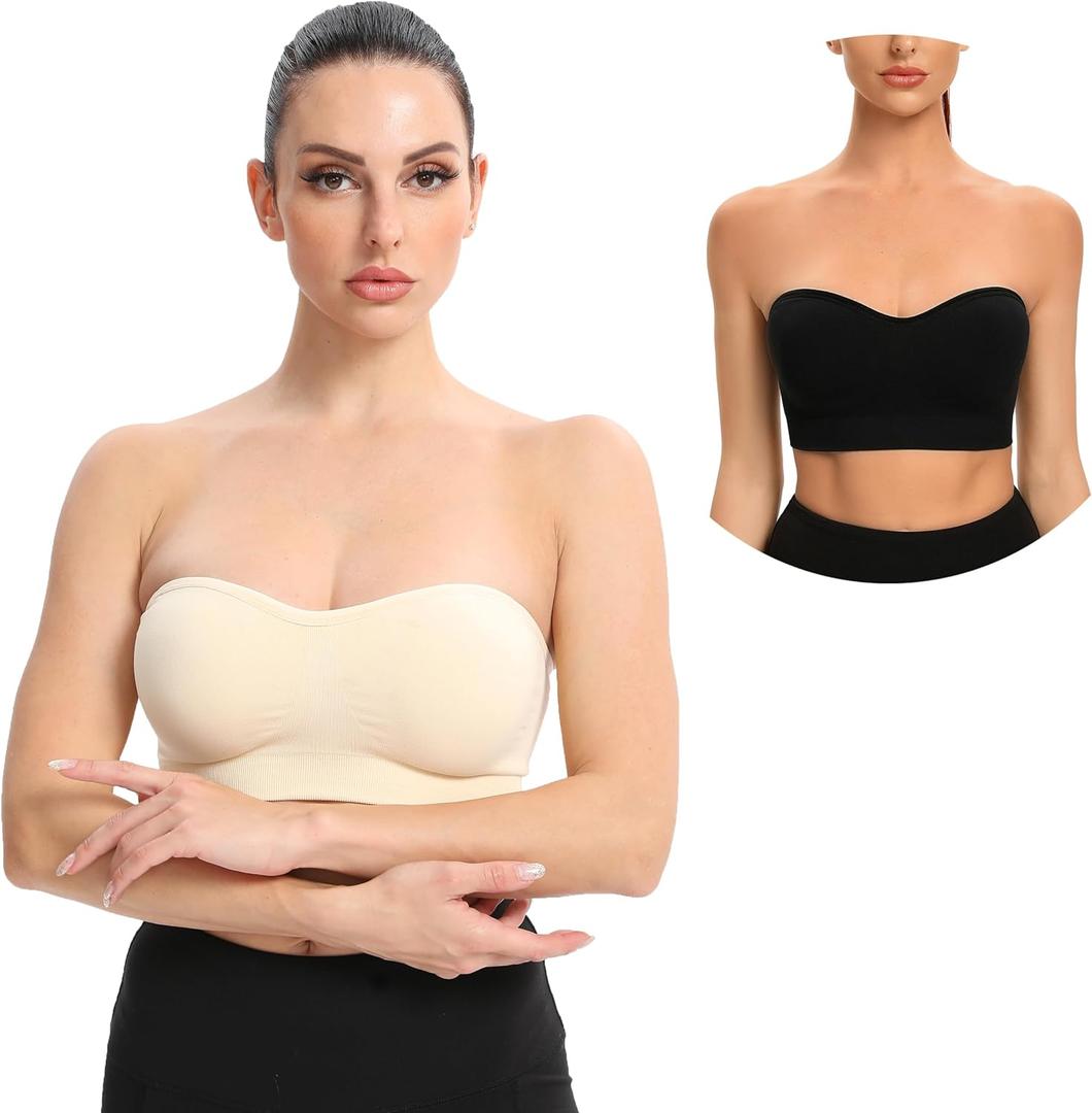 Gnowann Strapless Bras for Women Non-Slip Silicone Bandeau Bralette Seamless Wireless Strapless Bra Padded Tube Top (X-Large, Black+beige)