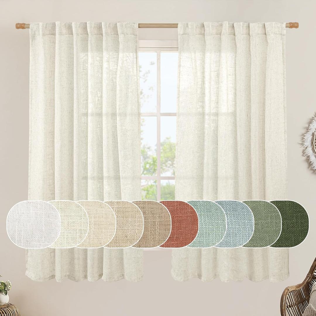 LAMIT Semi Sheer Linen Window Curtains 63 Inch Length, Light Filtering Neutral Curtain Panels Farmhouse Back Tab and Rod Pocket Drapes for Bedroom, Cream Ivory, 2 Panels, 52 x 63 Inch (Natural)