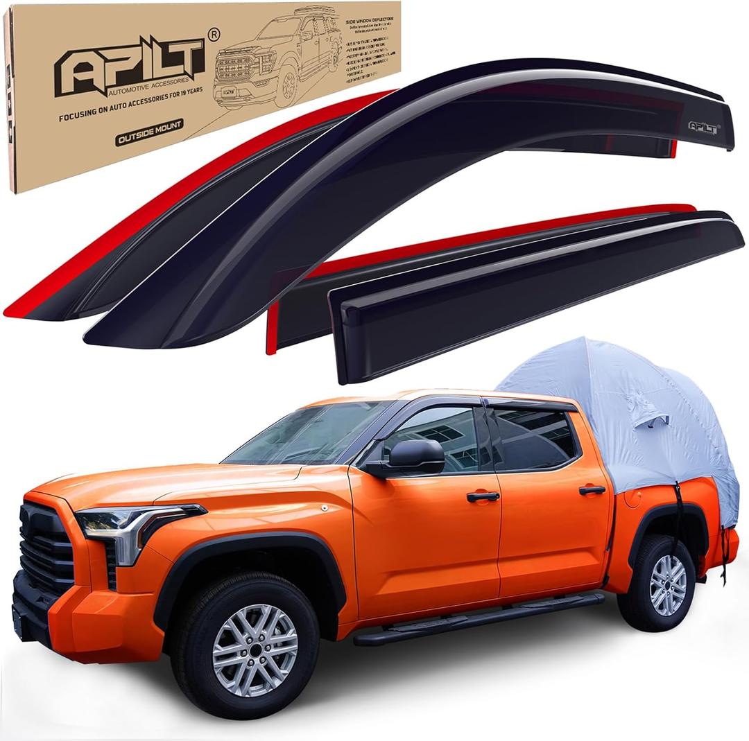Outside-Mount Rain Guards Window Visors for 2022-2026 Toyota Tundra CrewMax Cab Full-Size Wind Vent Deflector Truck Accessories Dark Smoke 4-Piece Set with Thicker