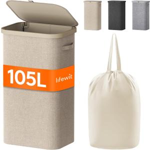 Lifewit 105L Laundry Basket with Lid, Large Laundry Hamper with Plastic Handles and Removable Bag, Foldable Tall Dirty Clothes Hampers for Laundry for Laundry Room, Bedroom, Bathroom, Dorm, Beige