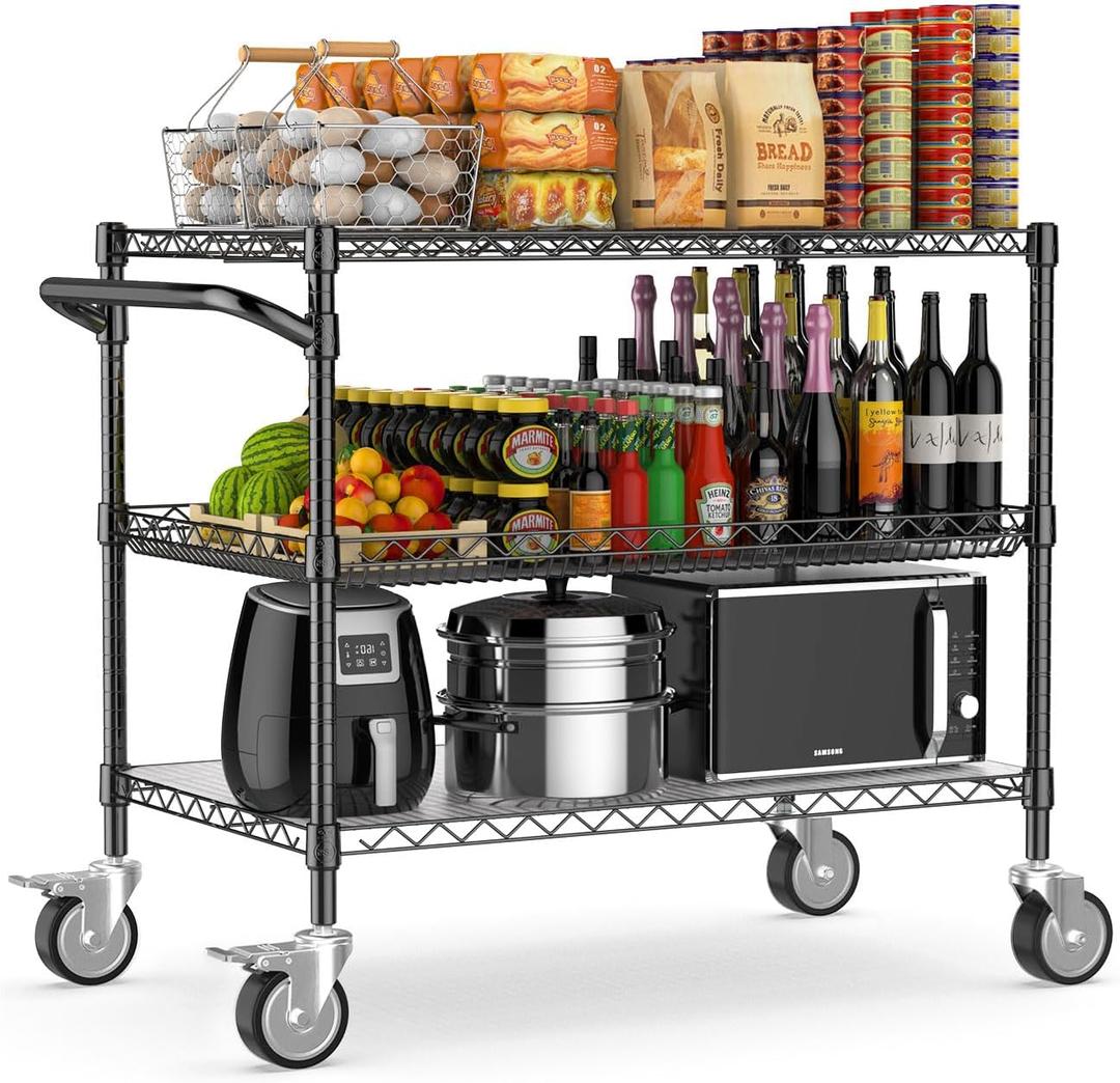 Leteuke 1120LBS Heavy Duty Rolling Utility Cart, 3 Tier Rolling Carts with Wheels, NSF Commercial Grade with Handle Bar & Shelf Liners, 45"x25"x39" Storage Cart for Kitchen, Restaurant, Plant Display, Black