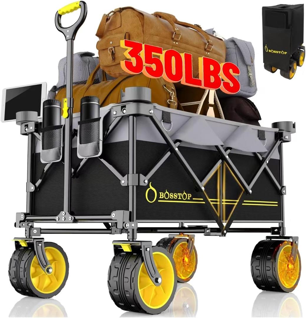 Collapsible Extended Wagon with Big All-Terrain Wheels 350LB& Oversized Outdoor Heavy Duty Utility Garden Cart Foldable Large Beach Wagon for SandFishing Camping Portable Grocery Pull Cart