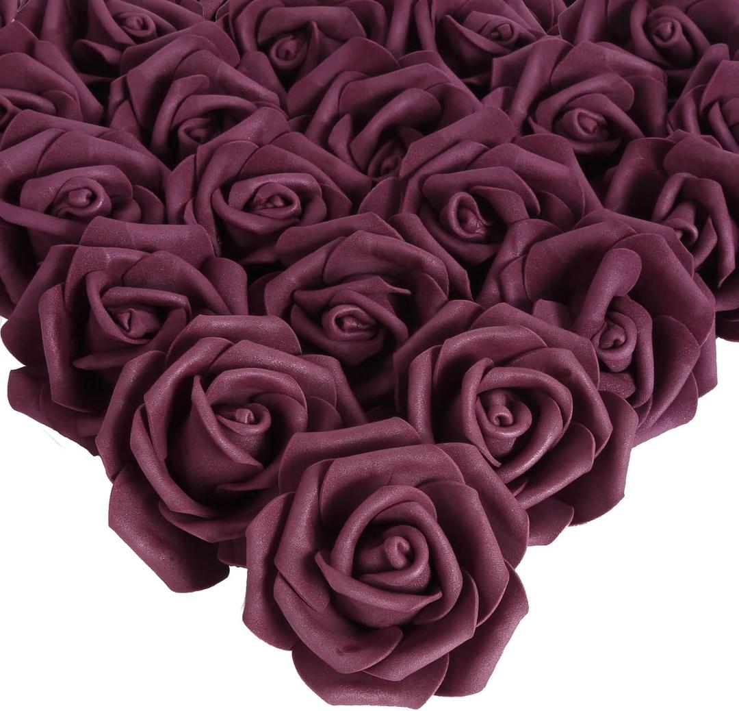IPOPU Foam Roses Artificial Flowers, 100Pcs Stemless Plum Foam Fake Roses Heads 3inch Faux Flower for DIY Crafts, Wall Decorations, Wedding Centerpieces Bouquets, Bridal Shower, Party Home Decor (Plum)