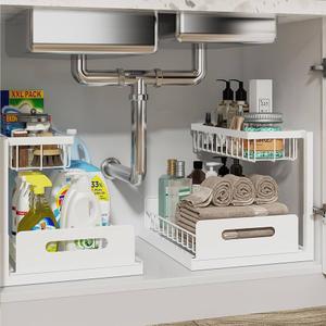 Under Sink Organizer and Storage Shelves With Sliding Drawe, 2 Tier Pull Out Sink Organizers And Storage, Metal Sliding Drawer for Kitchen Bathroom Pantry Cabinet Closet Organization Rack, White