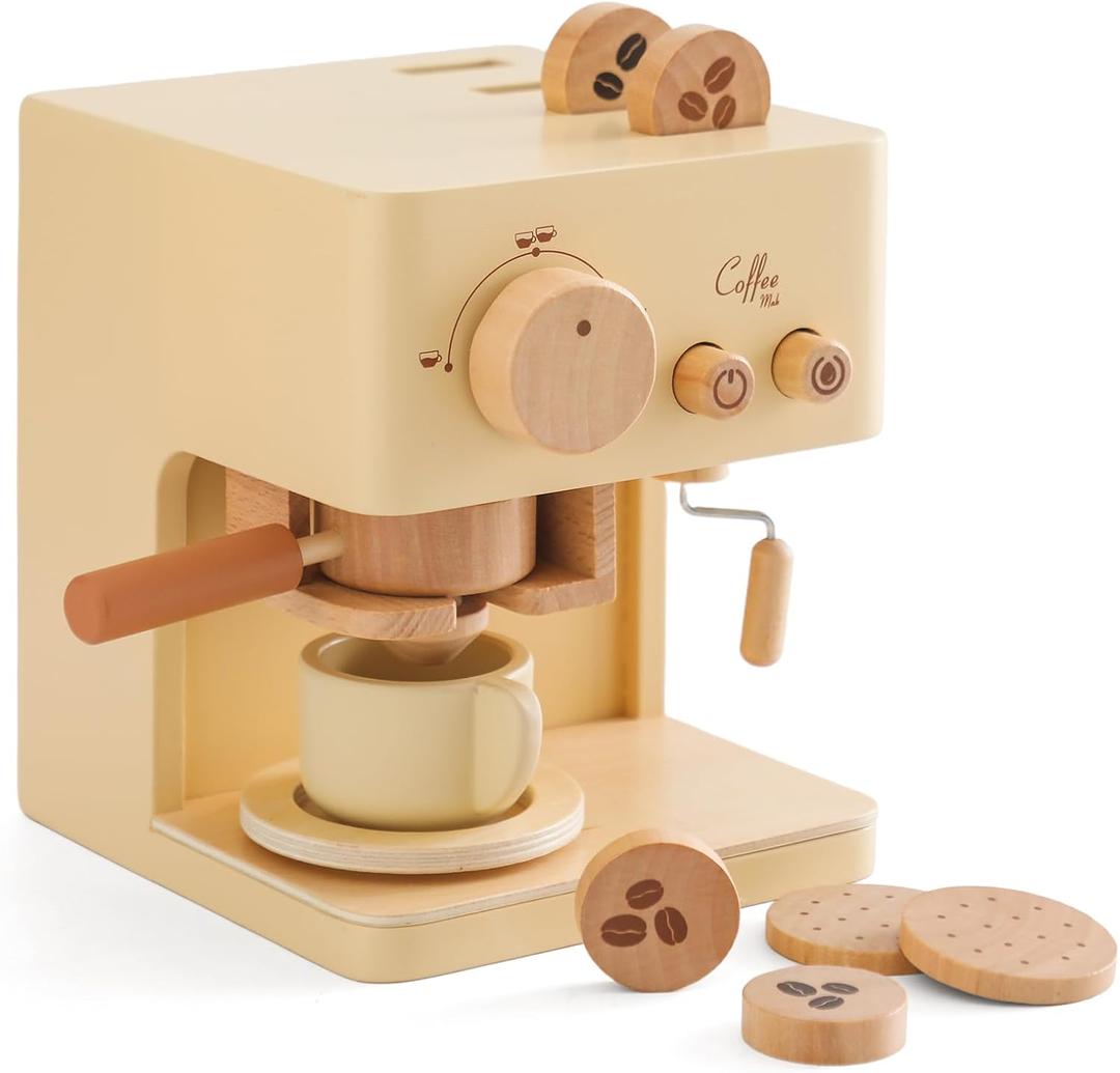 Ibwaae Kids Coffee Maker 10Pcs Toy Coffee Maker Playset Wooden Kitchen Set Toys Toddler Play Kitchen Accessories, Pretend Play Food Sets for Girls and Boys