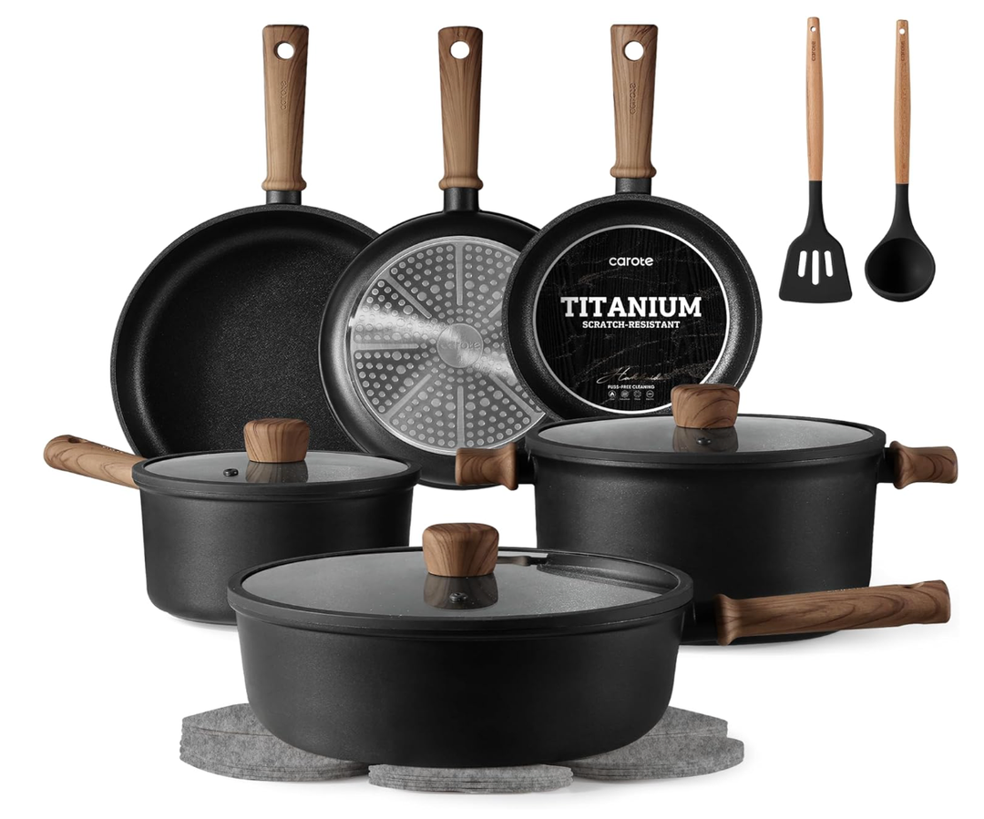 CAROTE 16pcs Pots and Pans Set, Nonstick Cookware Sets
Titanium Reinforced Coating, Scratch-Resistant, Easy to Clean, Even Heating, Induction Compatible, with Frying Pans Set