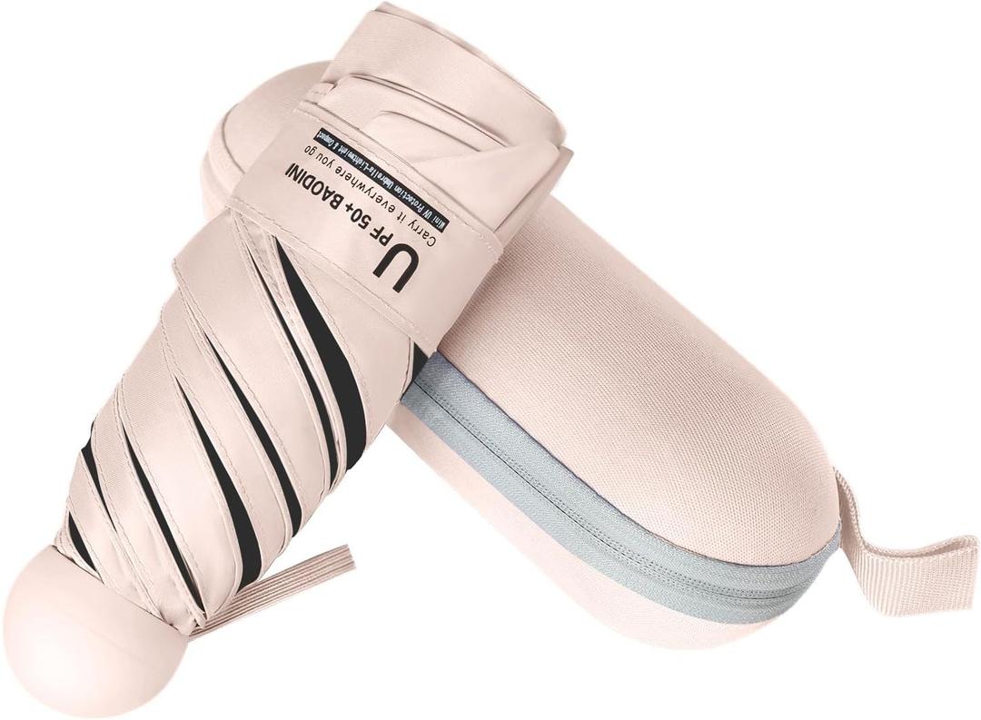 BAODINI Travel Mini Umbrella for Purse With Case Small Compact UV Sun Protection Sun Lightweight Tiny Pocket Umbrella for Women Kids and Men (Love Pink)