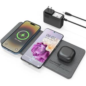 ZealSound Wireless Charging Pad, 3 in 1 Charger Mat for iPhone, Samsung Galaxy, Pixel, AirPods & Galaxy Buds, 24W Adapter Included, Ultra Slim, Case Friendly, PU Leather, Home Office & Travel, Gray