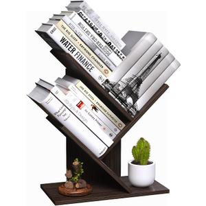 R RUISHENG 3 Tier Small Tree Bookshelf Desk Book Organizer Narrow Bookcases for Books Magazines CDs Free Standing Retro Wooden Storage Shelves for Home Office Bedroom Living Room Dark Walnut