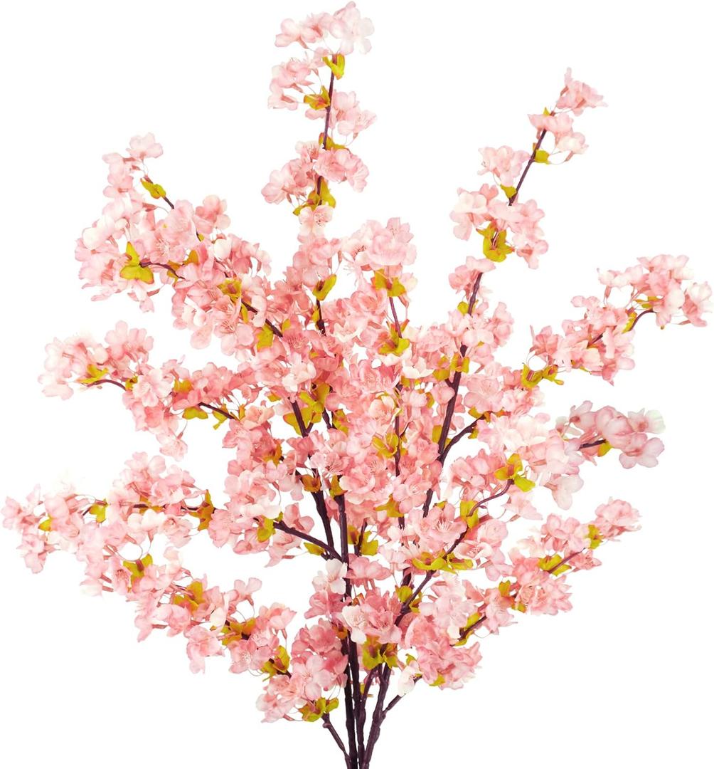Uieke Silk Cherry Blossom Branches, 39.3in Artificial Cherry Blossom Tree Stems, Fake Plum Blossom Flowers Arrangement for Wedding Home Japanese Decor, Set of 3, Pink