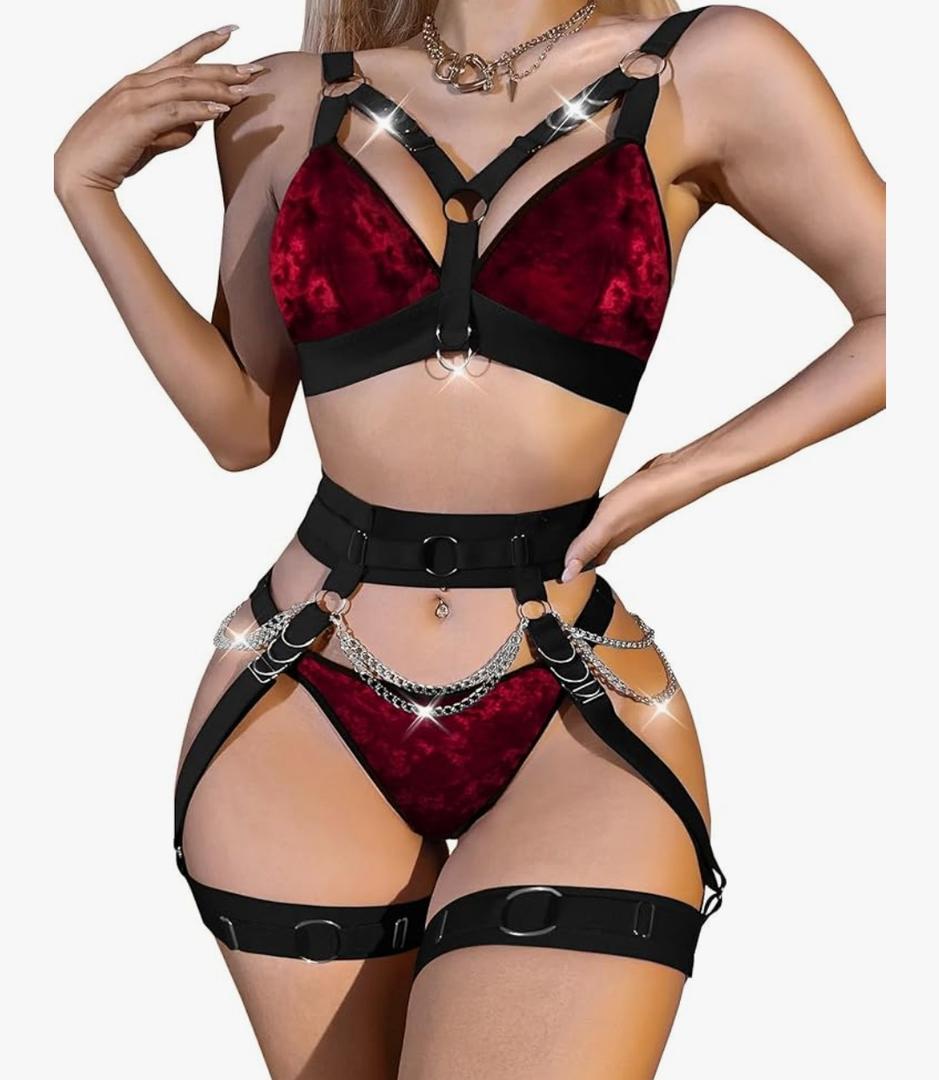 Lilosy Sexy Chain Strappy Garter Belt Women Lingerie Set Rave Outfits, Large