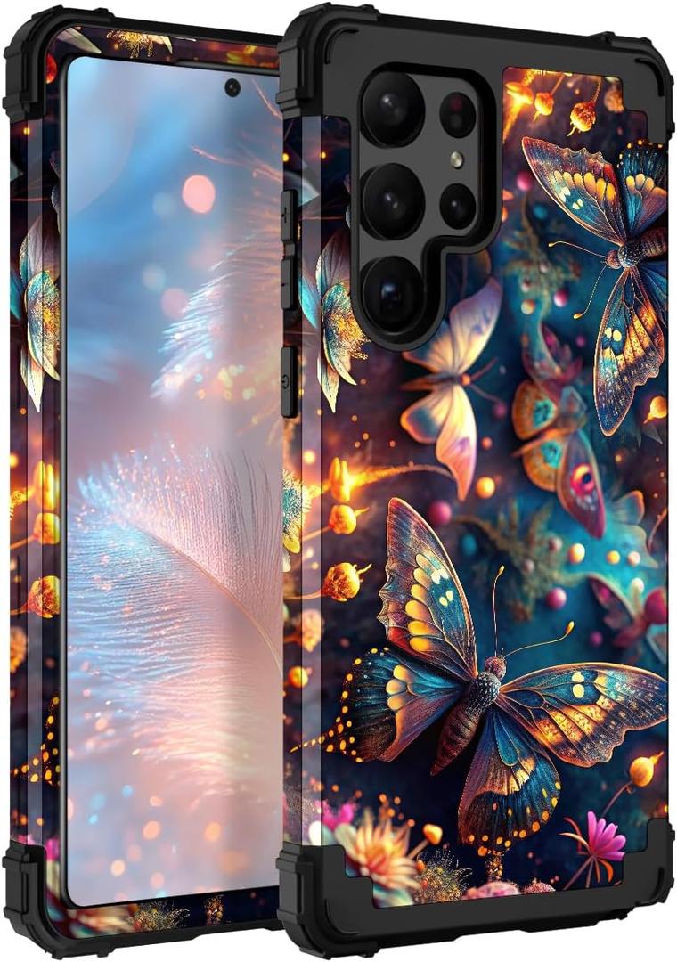 TEECOVER for Samsung Galaxy S23 Ultra Case, Heavy-Duty Shockproof Full Protection Hard Plastic Bumper + Soft Silicone Rubber Protective Case for Galaxy S23 Ultra 6.8-Inch, Blue Butterfly