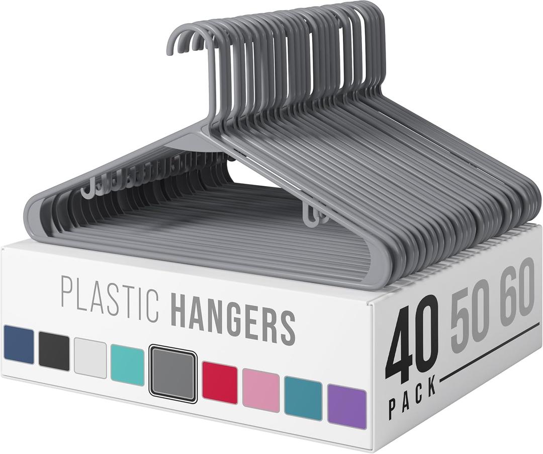 Clothes Hangers Plastic 40 Pack - Grey Plastic Hangers - Makes The Perfect Coat Hanger and General Space Saving Clothes Hangers for Closet - Percheros Ganchos para Colgar Ropa Hangars (Gray)