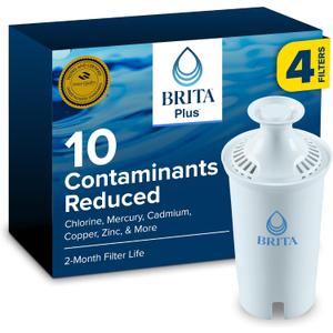 Brita Plus Water Filter, BPA-Free, High-Density Replacement Filter for Pitchers and Dispensers, Reduces 2x Contaminants*, Lasts Two Months or 40 Gallons, Includes 4 Filters