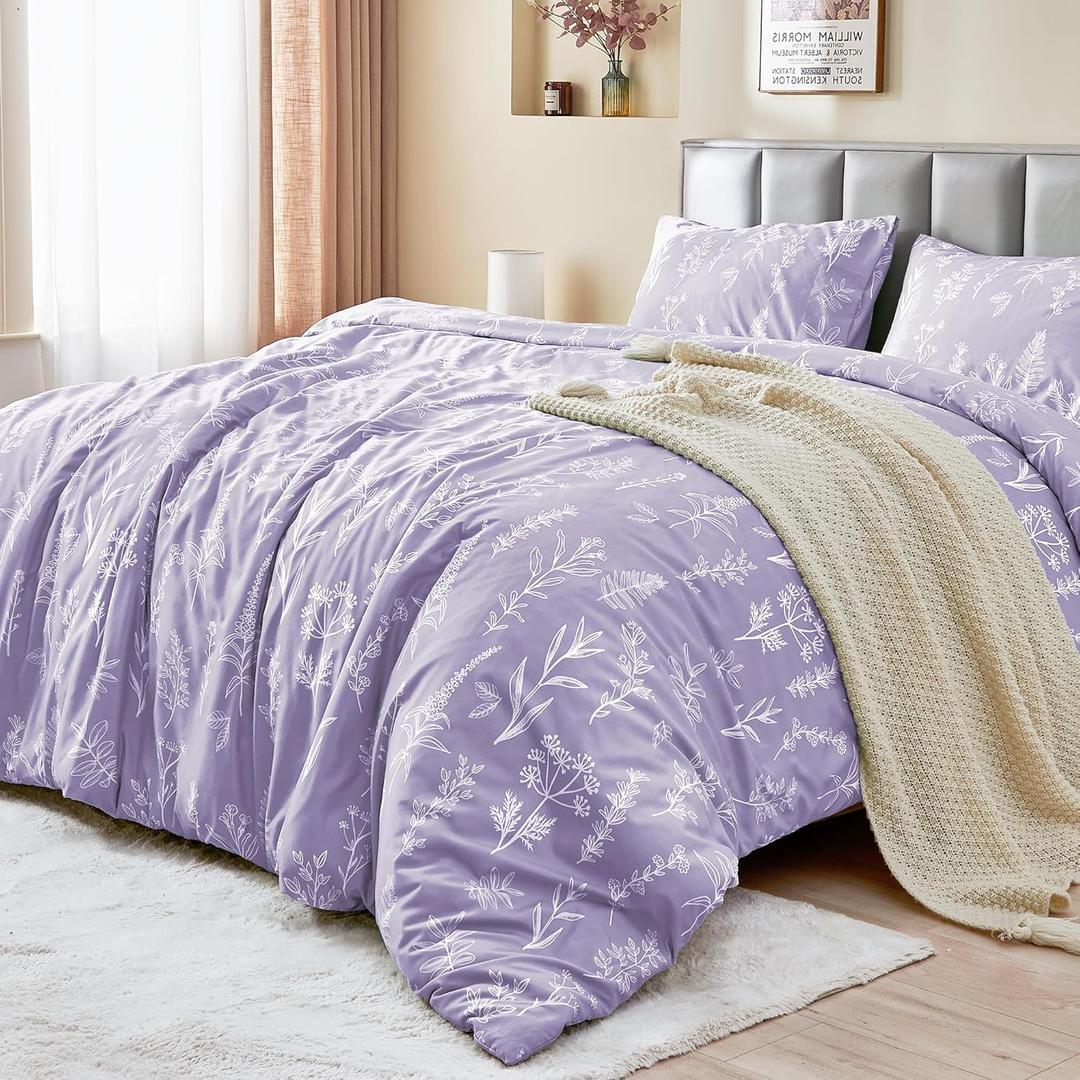 MUXHOMO Duvet Cover King Size, Reversible Floral Lavender Duvet Cover Set with Zipper Closure, 3 Pieces Botanical Patterns Soft Microfiber Bedding Set (90"x104", 2 Pillow Cases 20"36") (01 - Lavender Leaves (No Comforter))