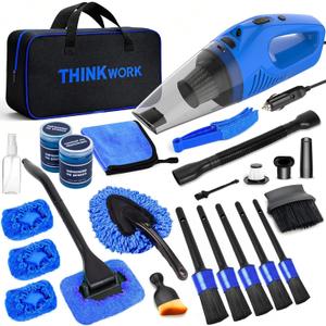THINKWORK Car Cleaning Kit Car Detailing Kit, Car Cleaning Kit Interior Cleaner with High Power Blue Handheld Vacuum Cleaner,Brush Sets,Windshield Cleaner and Storage Bag, Car Accessories, Car Gift Set