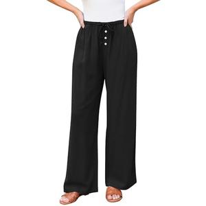 GRAPENT Linen Wide Leg Pants Woman High Waisted Pull On Button Drawstring Baggy Casual Summer Palazzo Pants with Pockets, Small