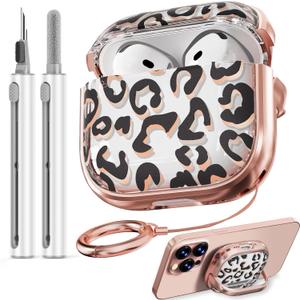 Inesore with Safety Lock for AirPods 4 Case,Clear Floral Cute AirPod 4th Generation Case for Women Girly with Cleaner Kit and Keychain-Black+Gold Leopard Print