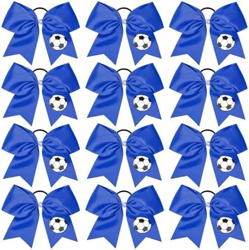 12PCS Soccer Bows 8" Soccer Cheer Bow Large Girls Hair Bows Cheerleading Bows Bulk Elastic Band Ponytail Holder for Teen College Football Competition-Blue