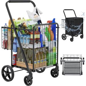 Folding Shopping Cart with Waterproof Bag, Grocery Cart with Encrypted Mesh Bottom, 23 Gal Double Basket & 360 Swivel Wheels, 260 Lbs Heavy Duty Shopping Carts for Groceries, Laundry