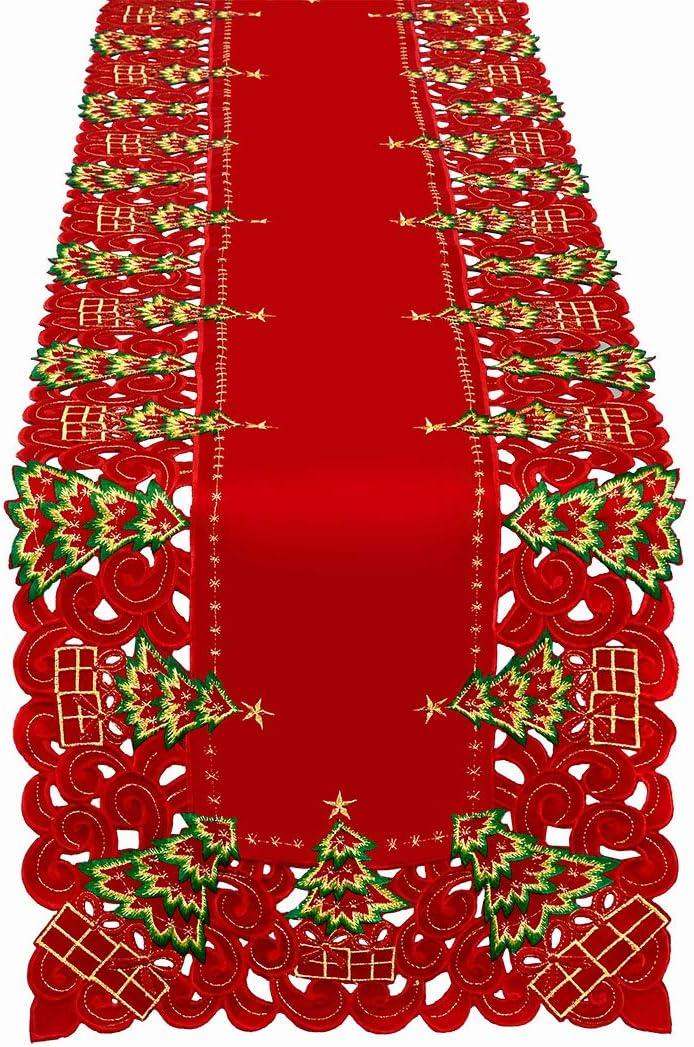 Grelucgo Embroidered Christmas Holiday Holly Tree Table Runner, Dresser Scarf, Rectangular 16 x 72 Inch