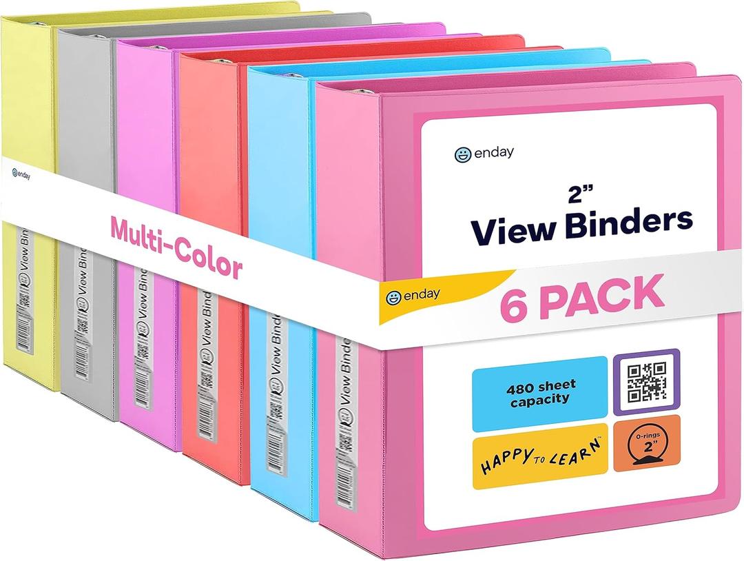 3 Slant D-Ring Binder 2 Inch Binder, 2 in Clear View Cover w/ 2 Inside Pocket, Heavy Duty Colored School Supplies Binders in Grey, Blue, Pink, Red, Green, Purple, Multicolor (6 PC)  by Enday