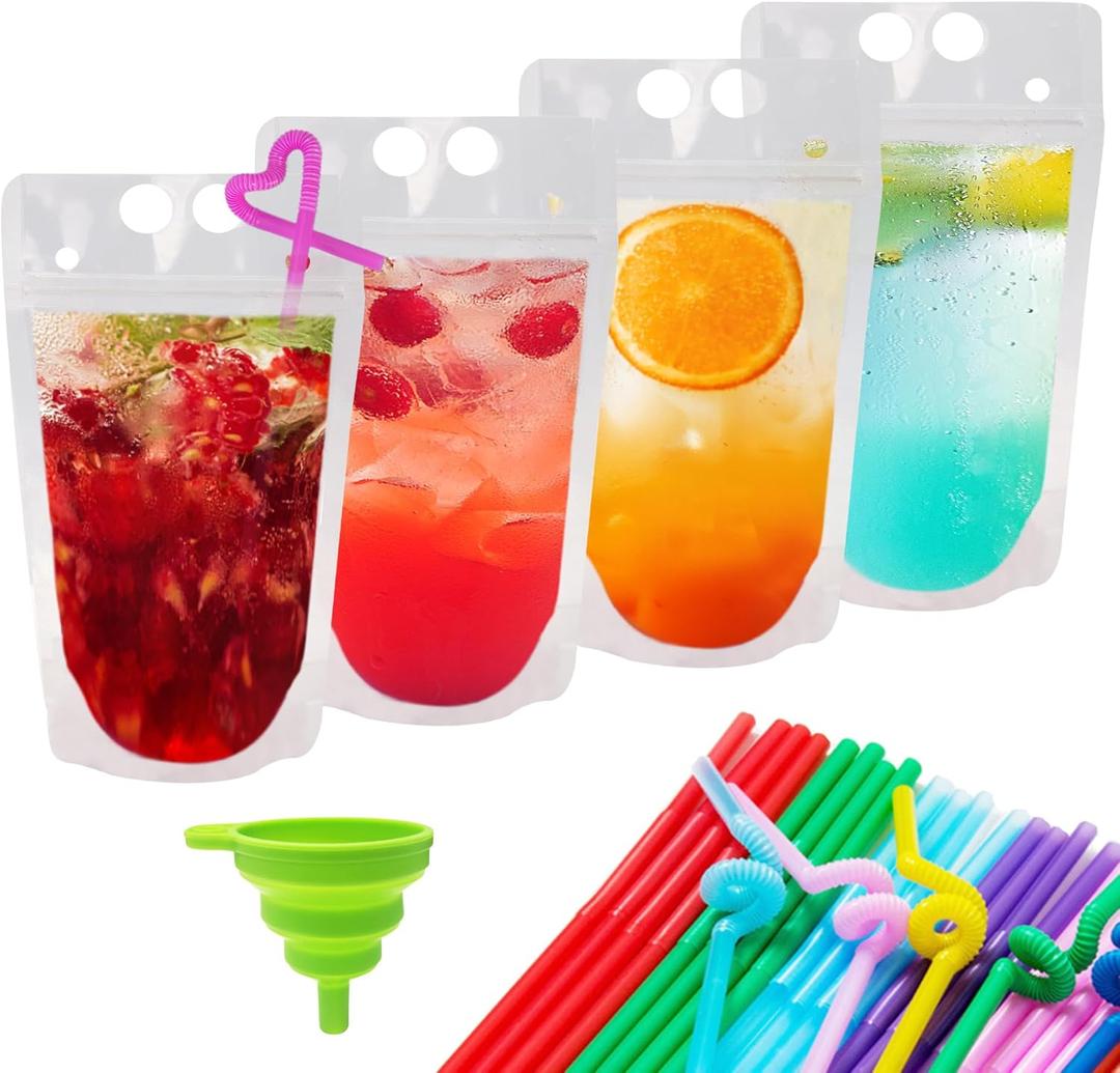 Ozera Drink Pouches, 100 Pcs Reusable 16 oz Drink Juice Pouches for Adults, Heavy Duty Pouches for Adults with Straw Funnel, Hand-held Smoothie Juice Bags for Cold Hot Drinks