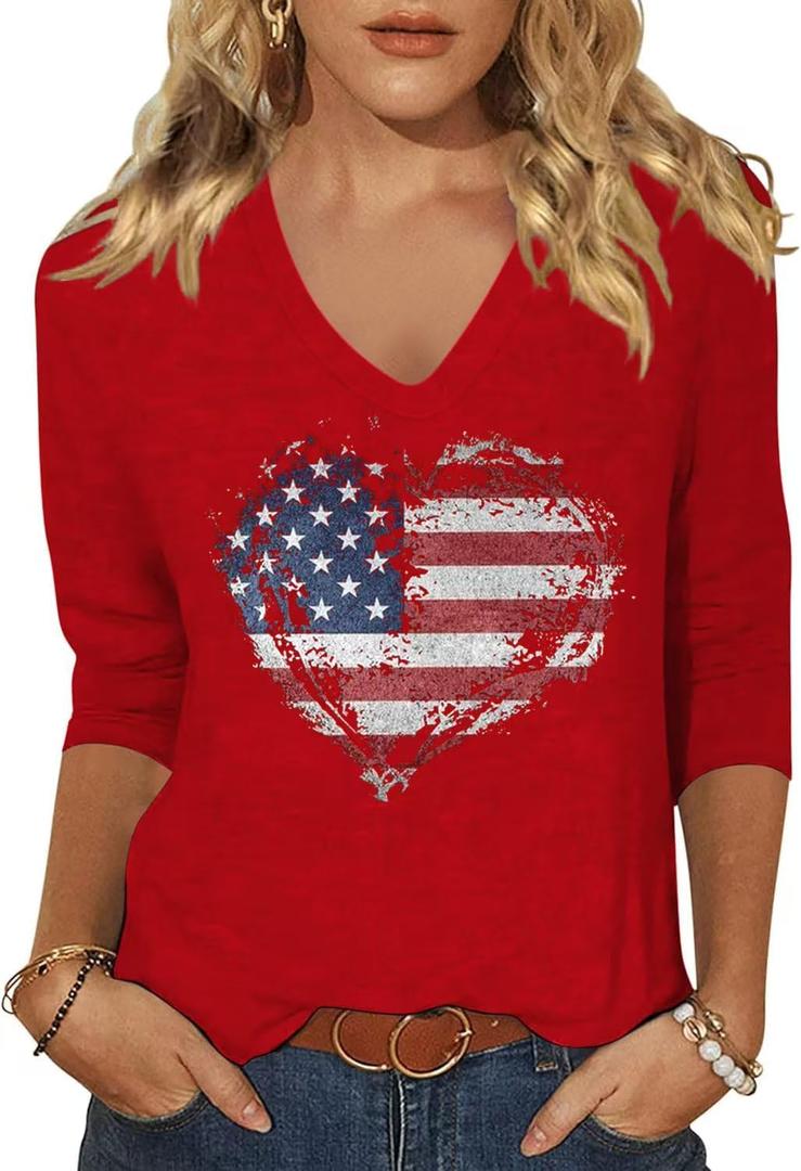 Womens 3/4 Sleeve V Neck Valentine T Shirts Love Heart Printed Graphic Tee Tops (X-Large, Flag Red)