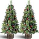 Jin&Bao 4FT Potted Christmas Tree with 100 Lights, 2 Pack Artificial Xmax Tree Timer Function with Round Pine Cones & Red Berries, 3AA Battery Operated Christmas Decorations for Outdoor, Porch